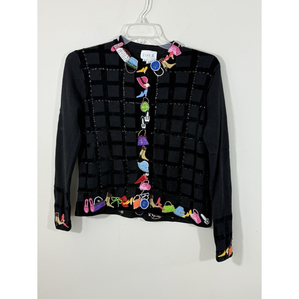 Vintage Just B Cardigan Women's M Black Novelty Beaded Whimsy Shoes Bags